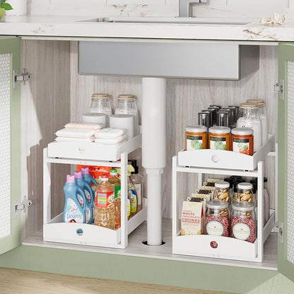 APRTAT 2 Pack Under Sink Organizer, Bamboo Wooden 2-Tier Pull-Out Storage with Sliding Drawers for Kitchen and Bathroom Cabinets, Easy Installation (White)