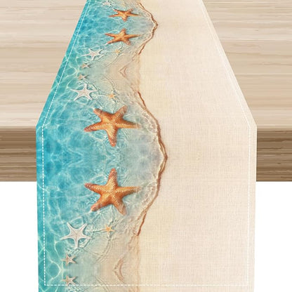 Summer Ocean Starfish Table Runner, Tropical Coastal Blue Sandy Clear Sea Water Waves Coffee Table Center Deco, for Family Kitchen and Living Room Farmhouse Party Table Decorations, 13" X 36"