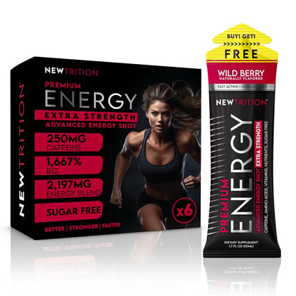 NewTrition® Extra Strength Energy Shots, 250mg Caffeine Energy Shots with Vitamin B & Amino Acids, Sugar-Free Vitamin Energy Shot, 1.7 fl oz (Pack of 6, Wild Berry)