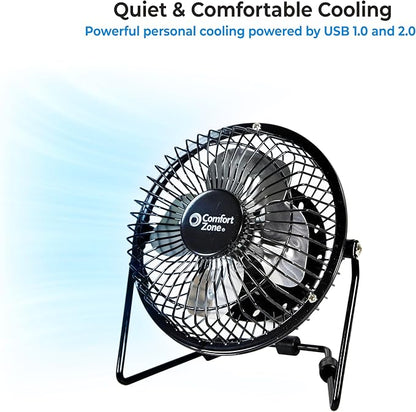 Comfort Zone 4-inch All-Metal Mini Desk Fan – High Velocity Portable USB Fan with 120V Wall Adapter, 360° Adjustable Tilt & Quiet Operation – Compact Electric Table Fan for Office, Home & Travel