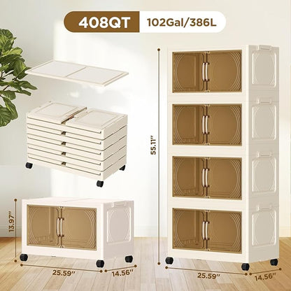 102QT Plastic 4 Tier Storage Bins with Lids,Folding Storage Box with Doors and Wheels Stackable Storage Bins,Closet Organizers and Storage for Living Room,Office,Dorm