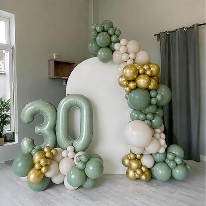 Lukiituke Sage Green and Gold Balloon Arch Kit, 134Pcs Sage Green Balloons, 4 Sizes Sage Green White and Gold Balloons for Baby Shower Wedding Bridal Birthday Party Decorations