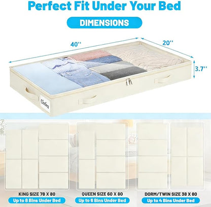 4 Inch Low Profile Under Bed Storage Drawer 4 Pack, Lightweight Underbed Clothes Storage Container Bins With NO STURCTURE, Shallow Storage Bag for Dorm & Home, With Clear Lids & Water-Resistant Fabric