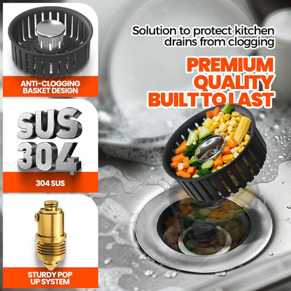 3 in 1 Kitchen Sink Drain Strainer & Sink Stopper Upgraded Stainless Steel Drain Plug with Anti-Clog Basket Drain Stopper Combo, Pop Up Sink Stopper for Standard 3-1/2''