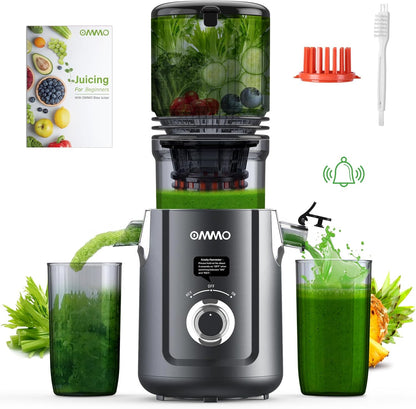 OMMO Cold Press Juicer Machines: 5.1" Feed Chute for Whole Fruits & Veggies, 300W Slow Juicer BPA Free for Kids, Beep Alert Easy Clean Juicers for Busy Mornings/Moms/Fitness/Healthy Living, Grey