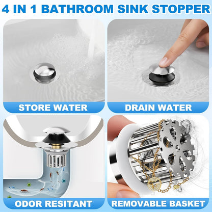 Universal 4 in 1 Bathroom Sink Drain Strainer with Removable Filter Basket, Pop Up Pure Copper Bathroom Sink Stopper, Anti-Clogging Bathroom Drain Stopper Sink Plug