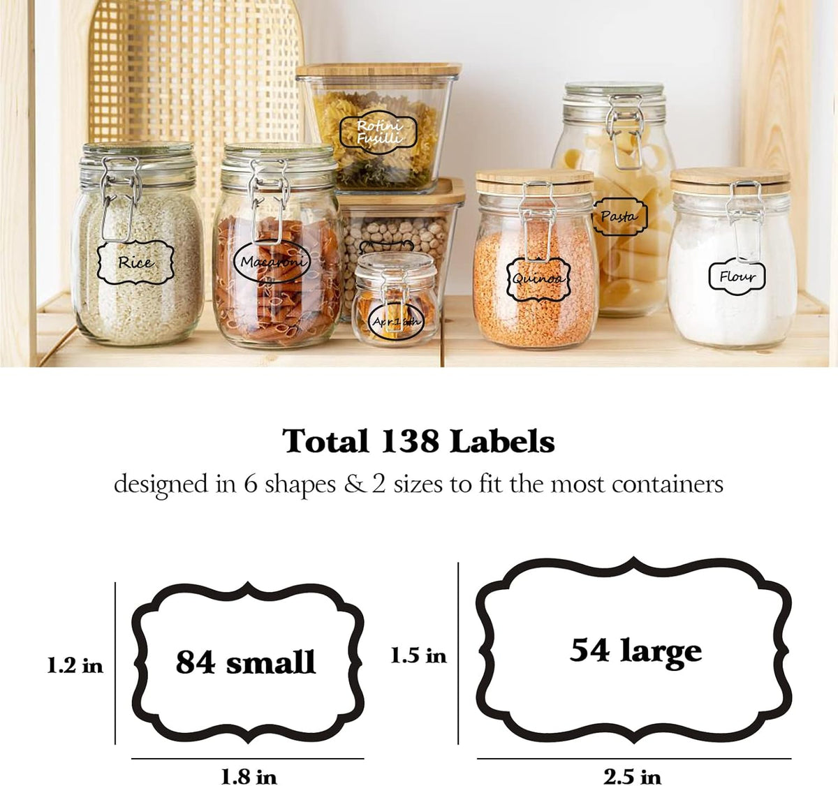Kitchen Pantry Food Containers Clear Labels with Black Border, 138 Waterproof Removable Write-on Sticker Labels Tags to Organize Spice Jars Condiment