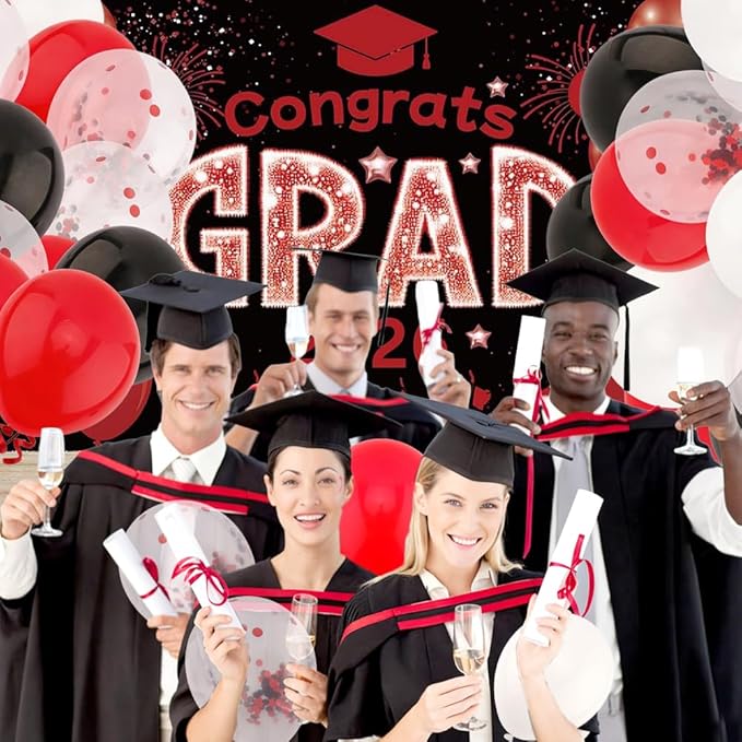 60Pcs Black and Red Balloons Graduation Balloons - 12 Inch Black Red Confetti with Ribbons for 2026 Graduation Decorations for Grad Party Decorations