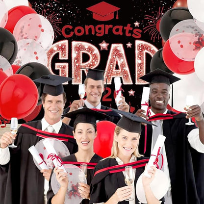 60Pcs Black and Red Balloons Graduation Balloons - 12 Inch Black Red Confetti with Ribbons for 2026 Graduation Decorations for Grad Party Decorations