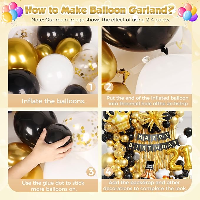 21st Birthday Decorations for Him 150pcs with Number 21 Foil Balloon Fringe Curtains White Black and Gold Balloons Arch Kit for 21st Birthday Decorations Graduation Birthday Balloons for Bed