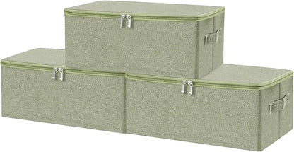 ANMINY 3PCS Storage Bins with Zipper Lids 13 Qt Lidded Fabric Storage Boxes Baskets Cubes with Handles Collapsible Washable Cotton Linen Closet Shelf Clothes Organizer Containers - Green, Small