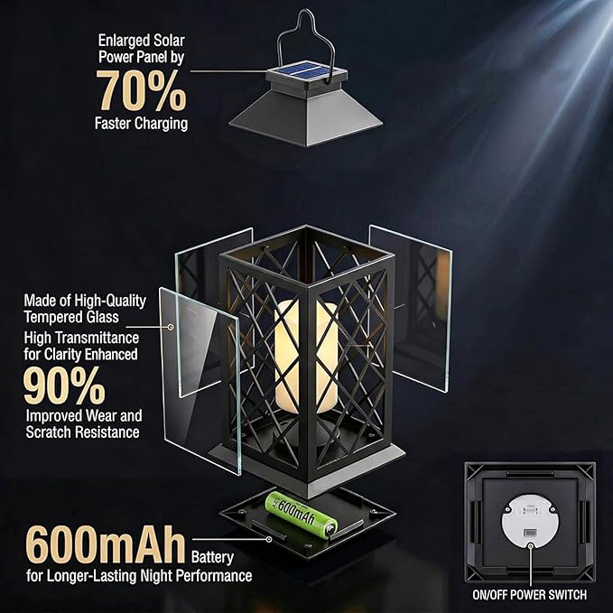 14" Large Tempered Glass Solar Lanterns Outdoor Waterproof, Hanging Solar Lights with Flickering Flameless Candles, Retro Solar Lantern for Wall Porch Patio Table Garden Decoration (Black)