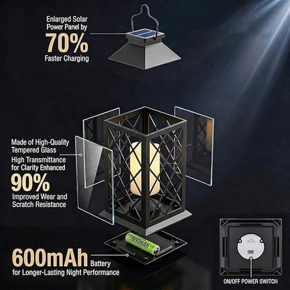 14" Large Tempered Glass Solar Lanterns Outdoor Waterproof, Hanging Solar Lights with Flickering Flameless Candles, Retro Solar Lantern for Wall Porch Patio Table Garden Decoration (Black)