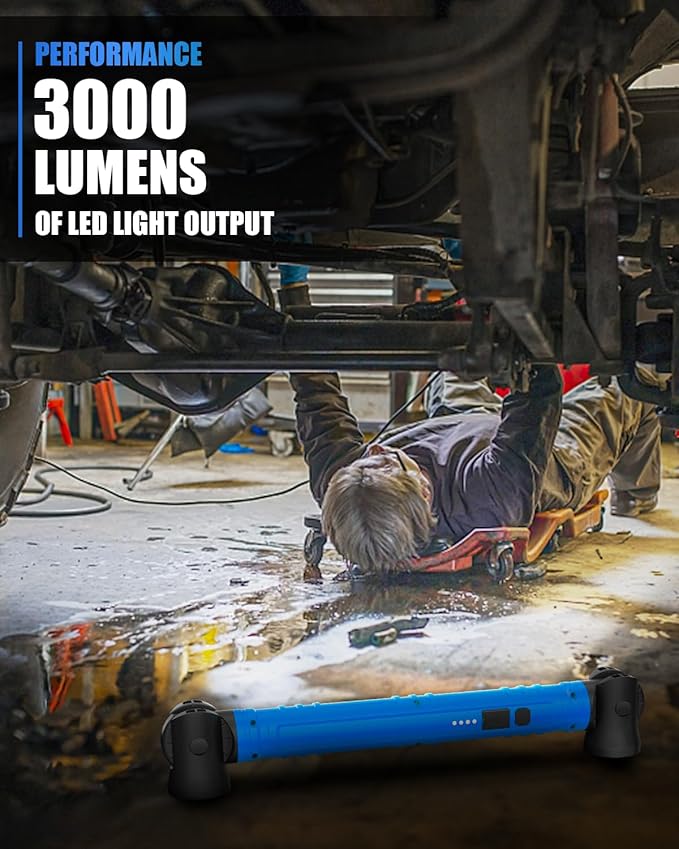 Work Light, 3000LM LED Work Lights, Rechargeable Underhood Work Light with Hooks & Rotating Magnetic Base, Cordless Battery Powered Mechanic Light for Car Repairing Inspection Workshop Emergency