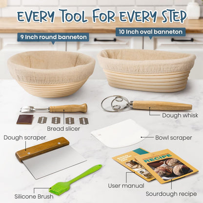 Rorecay Bread Banneton Proofing Basket Set, 9 Inch Round & 10 Inch Oval Cane Sourdough Baskets with Dough Whisk Bread Lame Dough Scraper Bowl Scraper