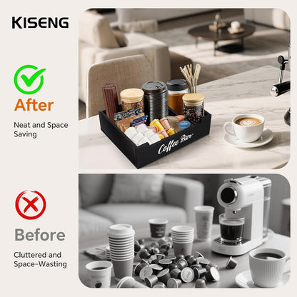 Coffee Pod Bar Station Wooden 14" X 10" X 4" Organizer Box for Countertop, Counter Top Tea Espresso Cup Wood Storage Box, Onyx