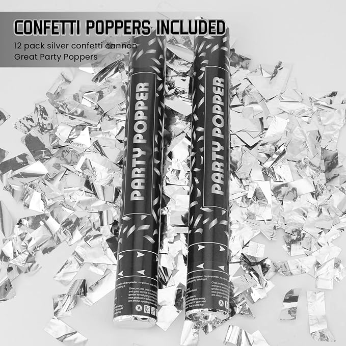 Confetti Poppers Silver Confetti Cannon 2 Pack Silver Foil Confetti 12 Inch Party Poppers for Wedding Birthday Graduation New Year’s Eve Party Decorations & Photo Props