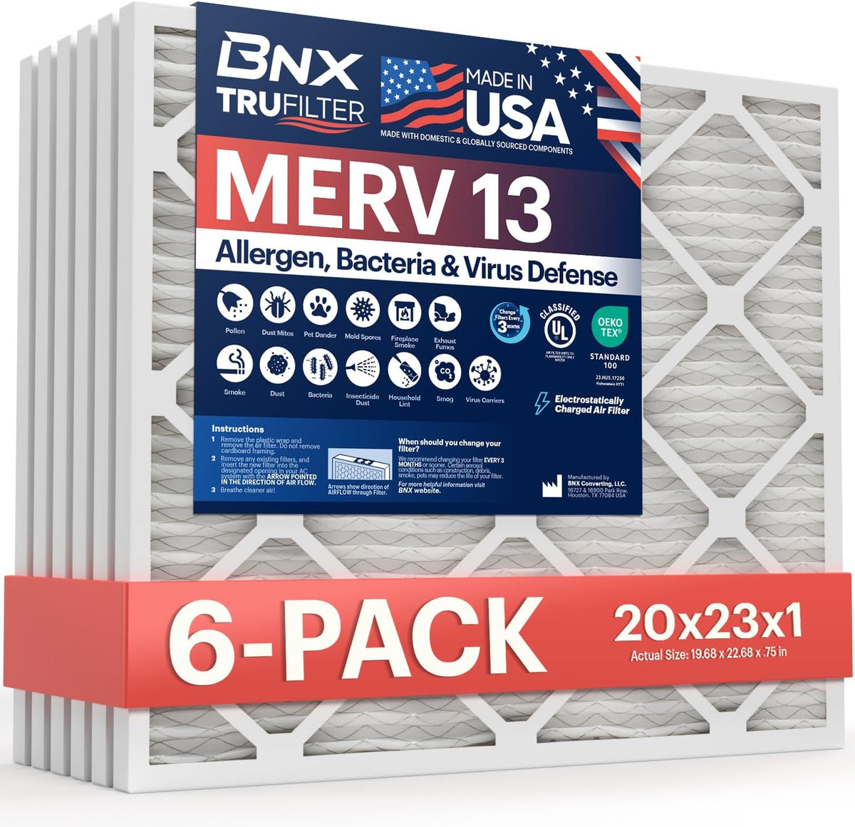 BNX TruFilter 20x23x1 Air Filter MERV 13 (6-Pack) - MADE IN USA - Electrostatic Pleated Air Conditioner HVAC AC Furnace Filters for Allergies, Pollen, Mold, Bacteria, Smoke, Allergen, MPR 1900 FPR 10