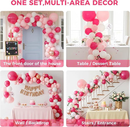 LovesTown 150 PCS Pink Rose Gold White Balloons Different Size of 18 12 10 5 Inch, Pink Confetti Balloons with Ribbons for Confession Proposal Wedding Girls Birthday Baby Shower Party Decorations