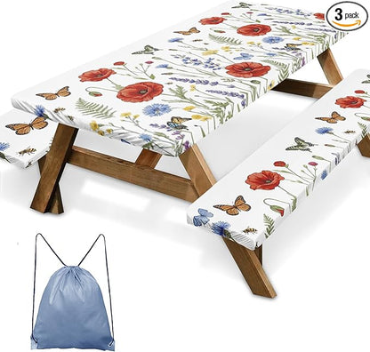Picnic Table Cover with Bench Covers Elastic Edges, Wildflower Camper Fitted Table Cover, Outdoor Camping Essentials 72 Inch 3PCS, Waterproof Camping Fitted Tablecloth with Drawstring Bag