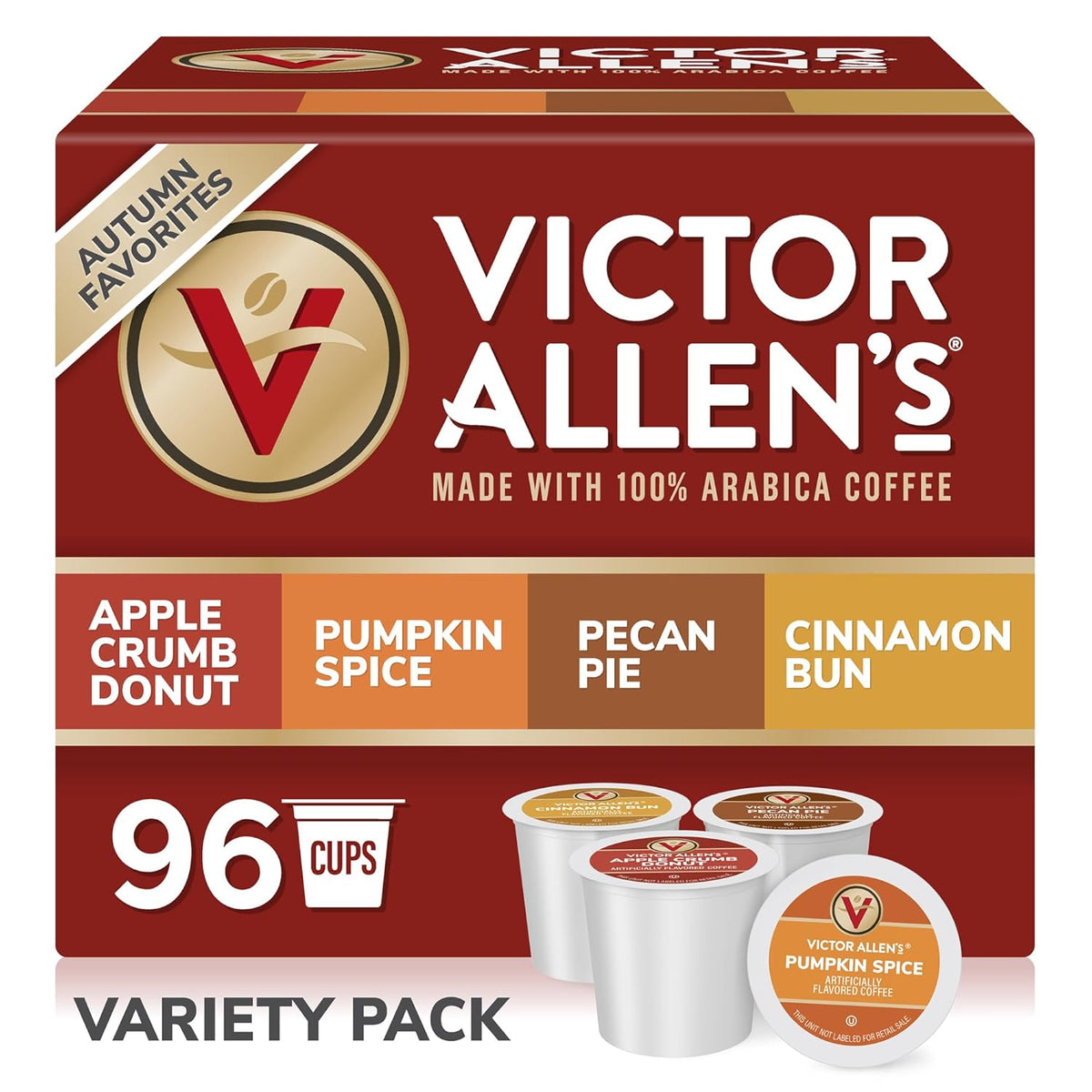 Victor Allen's Coffee Autumn Favorites Coffee Variety Pack SSC (Apple Crumb Donut, Pumpkin Spice, Pecan Pie, Cinnamon Bun), 96 Count