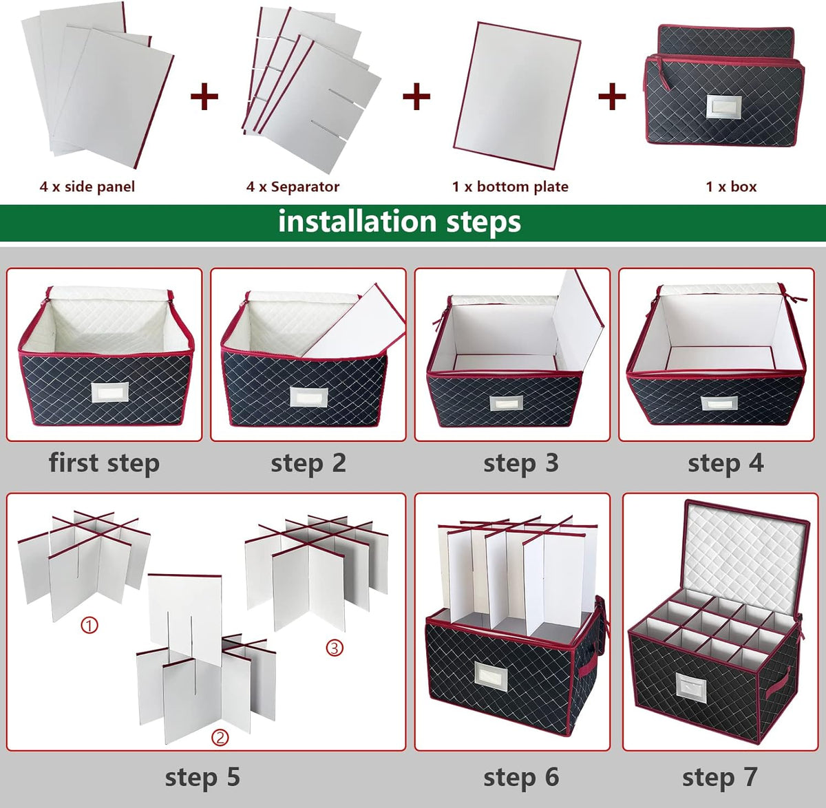 VERONLY Christmas Stemware Storage Cases with Dividers- Holds 24 Wine Glass Storage or Crystal Glassware Containers, China Storage Containers with 2 Handles and Lable Window -Set of 2 Black