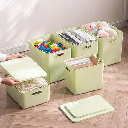 5 pack large plastic White storage bins with Lids, Toy Box Chest with Handle，Organizer Containers Baskets for Baby,Nursery，Shelves，Playroom, Bedroom，Office,Closet，home (Light Green, 5L)