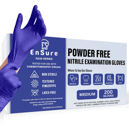 EnSure Nitrile Exam Gloves, Powder-Free, Latex-Free, Chemo Rated, Non-Sterile, Light Duty, Textured Tips, Medical, Surgical, Food Safe, Cleaning, Dental, Lab Use - 3 Mil (Medium, 200 Count)