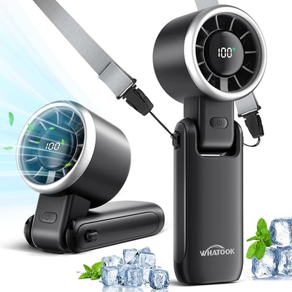 WHATOOK Portable Handheld Turbo Fan: 12m/s Strong Wind 15000RPM High Speed Mini Fan, 4000mAh Battery Rechargeable Personal Fan with LED Display, 3 in 1 Foldable Fan for Tech Gift, (Black)
