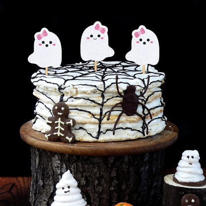 Whaline 48Pcs Halloween Cupcake Toppers Pink Bow Ghost Cupcake Picks Cute Ghost Cake Decorations for Halloween Birthday Party Supplies