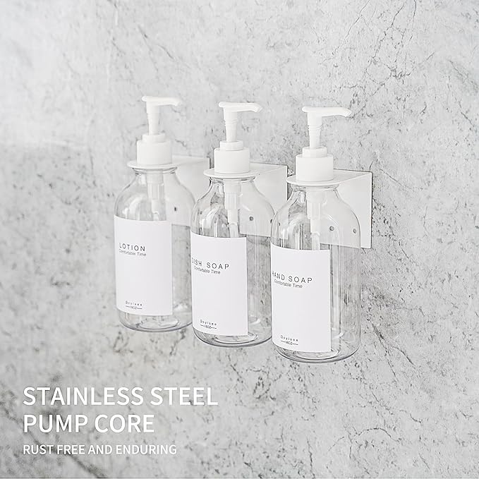 Shampoo and Conditioner Dispenser for Shower Wall 3 Chamber,Refillable Shampoo and Conditioner Bottles with Waterproof Labels,Soap Dispenser with Pumps