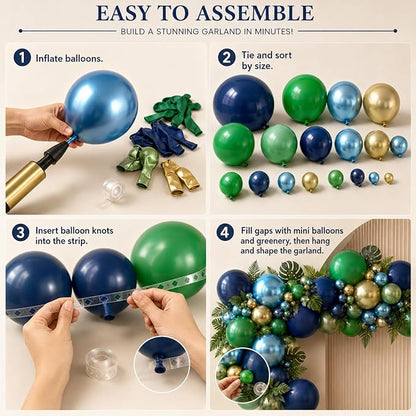 134Pcs Blue and Green Balloon Garland Kit, Navy Blue Dark Green Gold Balloon Arch Kit with Metallic Chrome Balloons, Dinosaur Helium Latex Balloons for Dino Jungle Safari Birthday Party Decorations