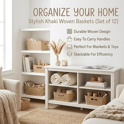 Khaki Stackable Storage Baskets, Plastic Weave Basket Organizer and Storage Set of 12, Pantry Organizing Baskets for Shelves, Kitchens, Bathrooms, Classrooms, Cabinets and Bedrooms