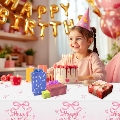 NatNarr 3 Pack Coquette Pink Bow Plastic Tablecloth, 54 X 108Inch Disposable Happy Birthday Table Cloth for Rectangle Tables Waterproof Table Cover for Girls Bridal Wedding Birthday Party