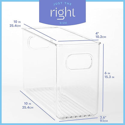 Plastic Food Storage 6 Pack Clear Container Bin with Handles for Organizing Kitchen, Pantry, Refrigerator, Freezer, Pantry, Cabinet, Closet, Bathroom. 10”x4”x6”