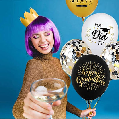 75 Pack Graduation Party Decorations Balloons Set - 12 Inch Black Gold Balloons with Balloon Ribbons for Graduation Party Decoration Supplies