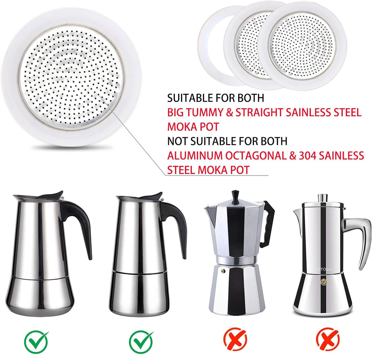 2Pcs Filter with 3Pcs Silicone Gasket Seals for 2 Cup Stovetop Espresso Coffee Maker Replacement Parts for Big Tummy and Straight Stainless Steel