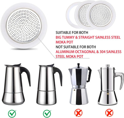 2Pcs Filter with 3Pcs Silicone Gasket Seals for 2 Cup Stovetop Espresso Coffee Maker Replacement Parts for Big Tummy and Straight Stainless Steel