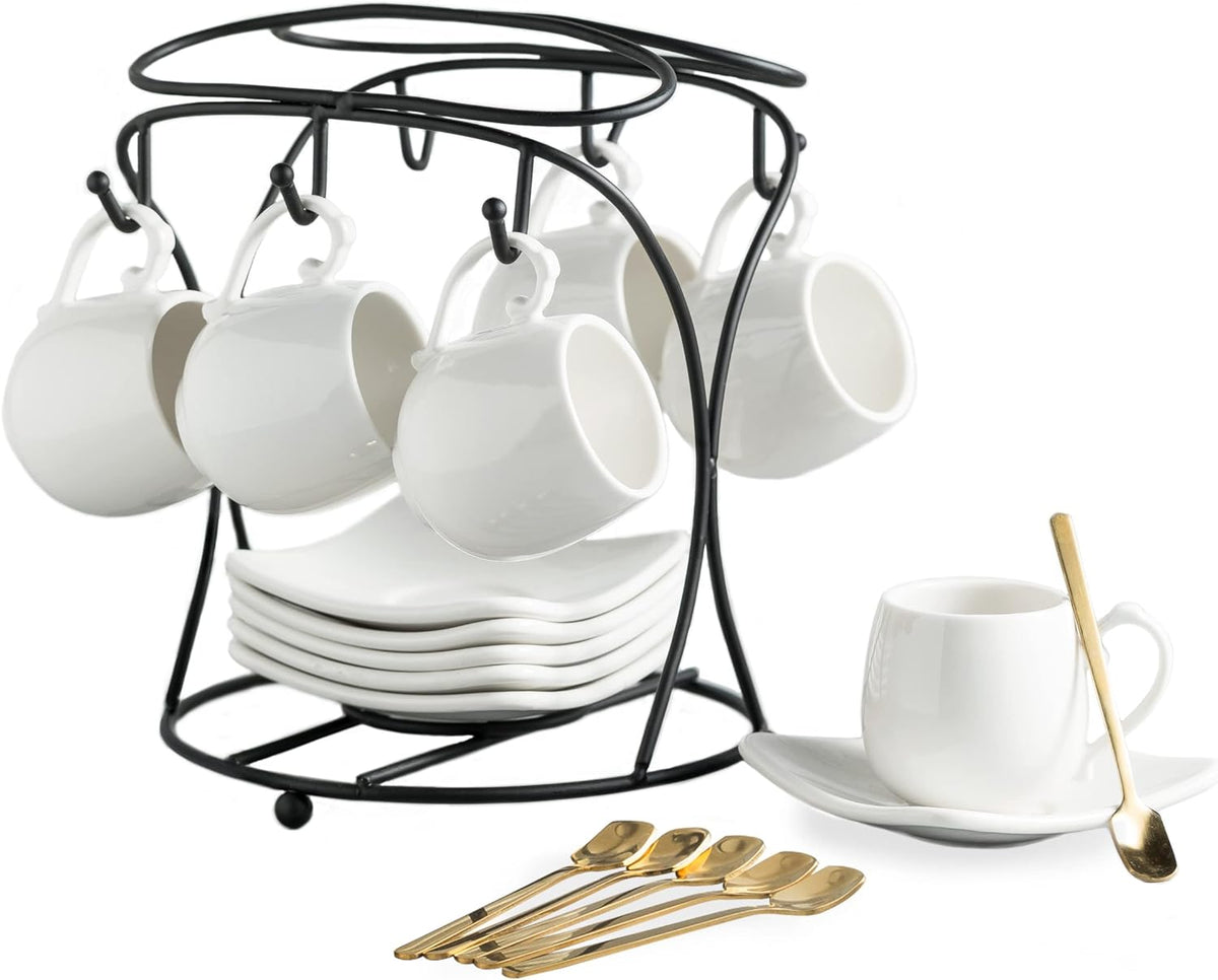 LYEOBOH Espresso Cups with Saucers Set, Porcelain Coffee Cups and Metal Stand and Spoons, Small Demitasse Cups for Espresso, Latte, Cafe Mocha, Cappuccino, and Tea, 3 OZ, Set of 6, White