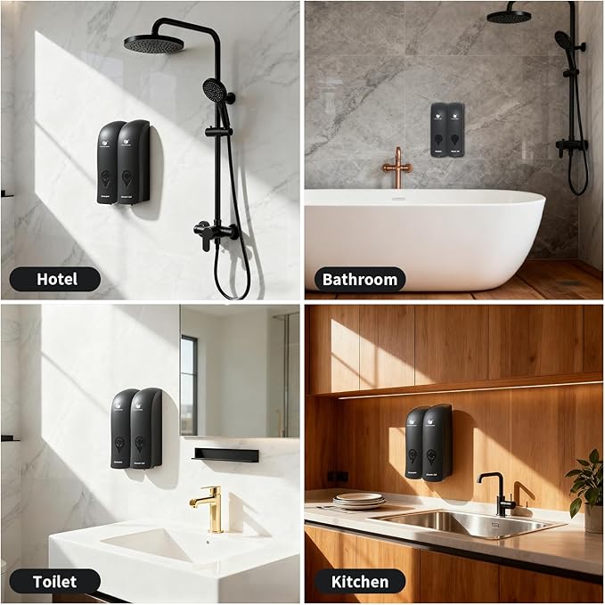 Shampoo and Conditioner Dispenser, Bathroom soap Dispenser Set of 2 Black, Wall-Mounted Shower Soap Dispenser 300ml, Refillable Bathroom soap Dispenser for Bathroom,Kitchen,Hotel and Airbnb