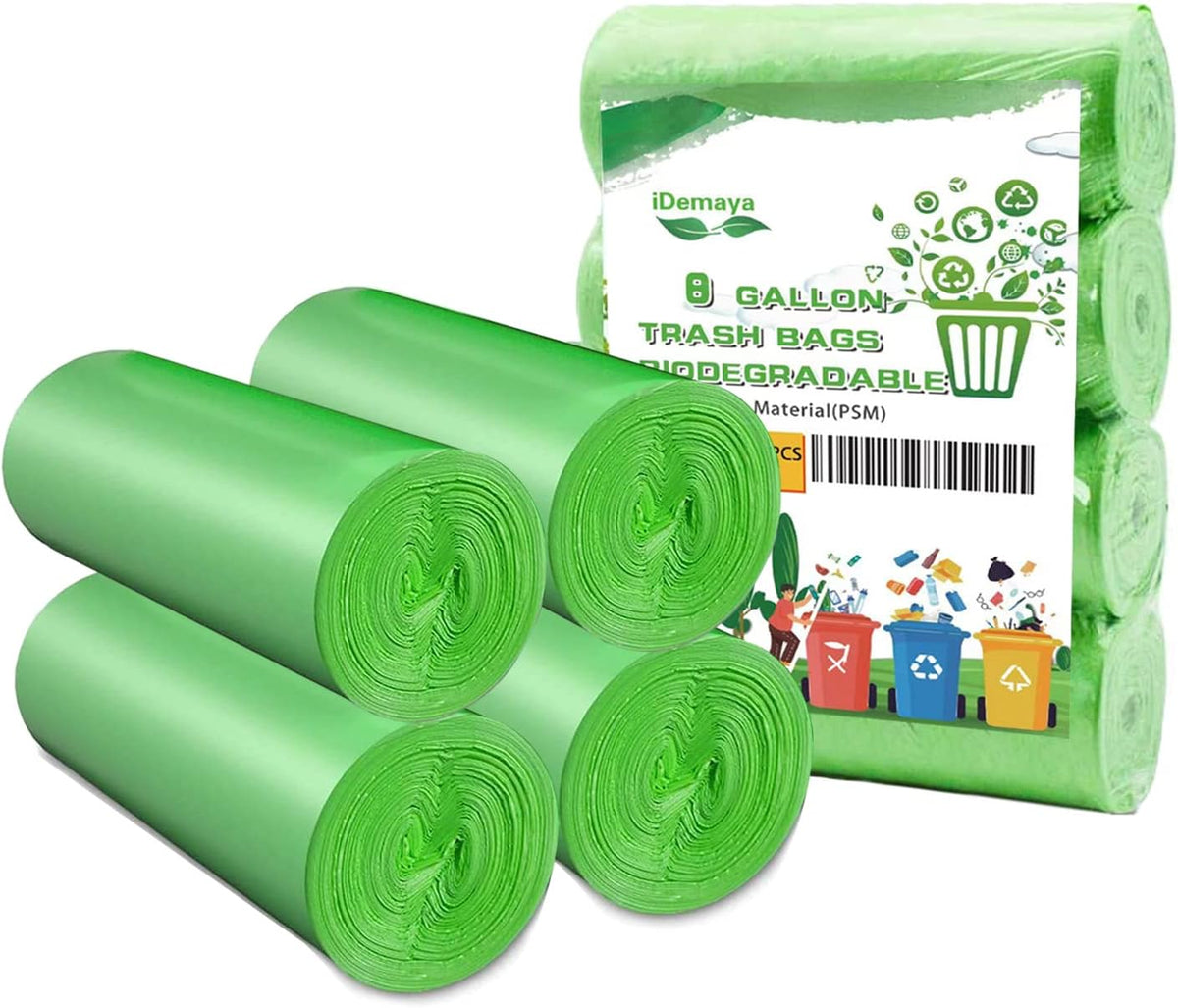 Medium Compostable Trash Bags, Biodegradable 8 Gallon Garbage Bags, Recycling Degradable Unscented Rubbish Bags for Kitchen Bathroom Office Car Pet Wastebasket (Green)