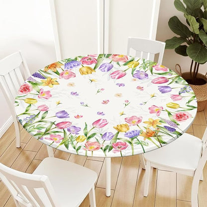 Spring Summer Easter Round Fitted Tablecloth with Elastic Edge Tulip Lavender Floral Circle Table Cloth for 44-48" Tables Wipeable Waterproof Farmhouse Flowers Table Cover for Picnic Dining Outdoor