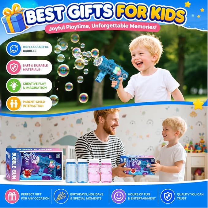 2 Packs Bubble Gun for Kids, 20Hole Automatic Bubble Machine Gun Blaster with LED Light, Leak-Proof Bubble Blower for Toddlers Boys Girls Ages 4-12,Easter Basket Stuffers Party Favor Outdoor Kids Toys