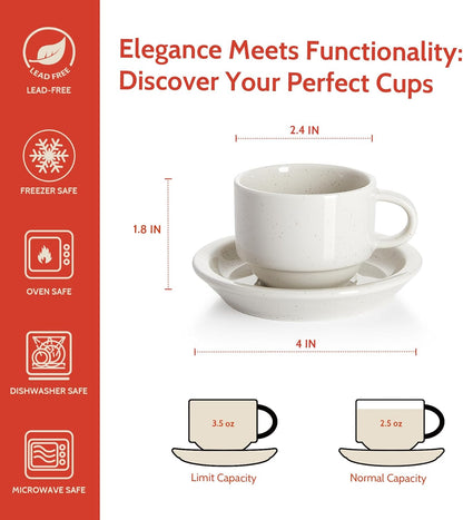 Sweese Porcelain Espresso Cups Set, 2.5 oz, with Saucers, Metal Stand, Stackable - Dove Grey, 4 Pack