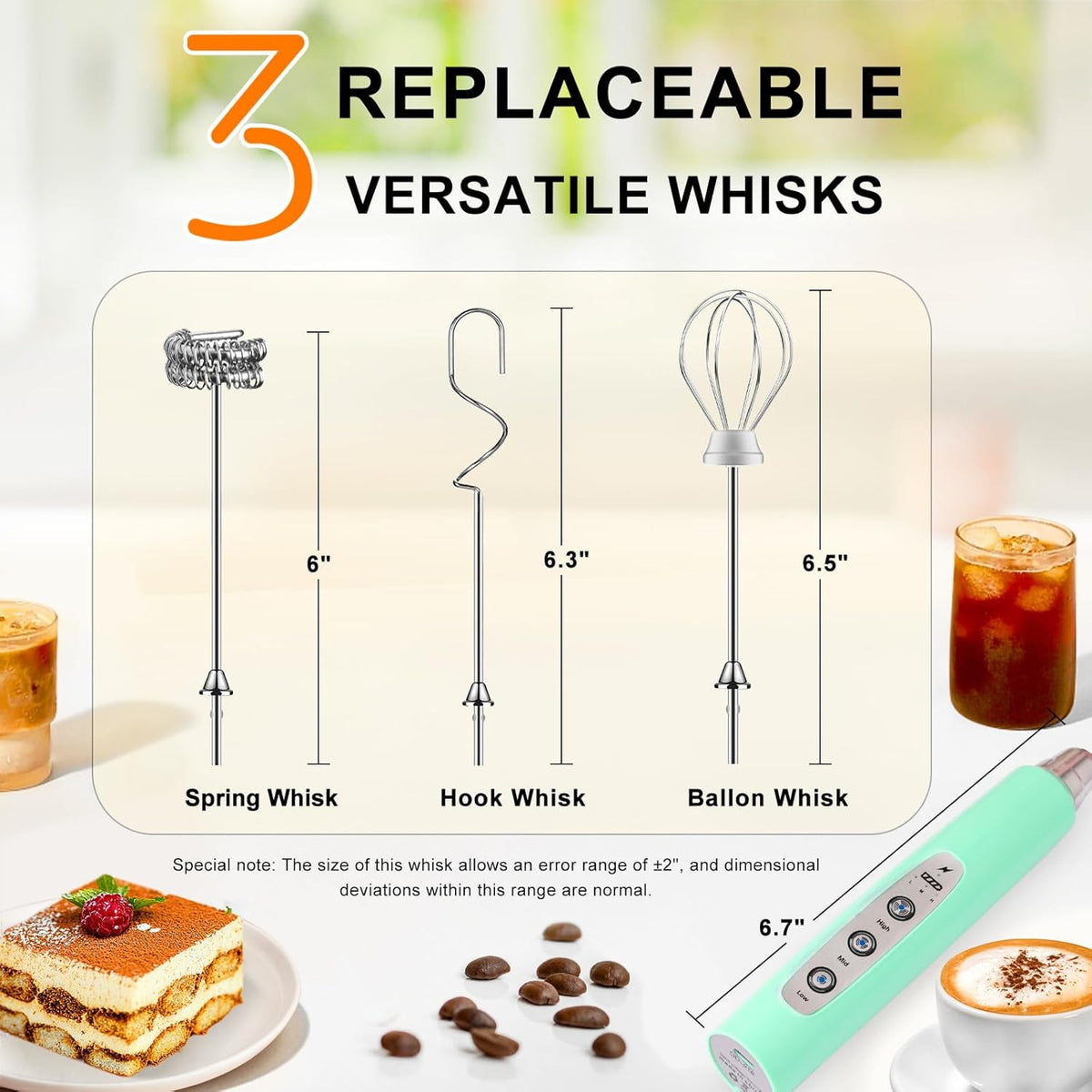 Yuswko Baby Blue Handheld Milk Frother Wand for Coffee, Rechargeable Electric Whisk with 3 Heads 3 Speeds Drink Mixer Coffee Frother For Latte