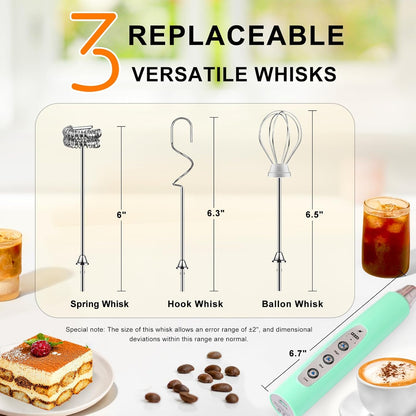 Yuswko Baby Blue Handheld Milk Frother Wand for Coffee, Rechargeable Electric Whisk with 3 Heads 3 Speeds Drink Mixer Coffee Frother For Latte
