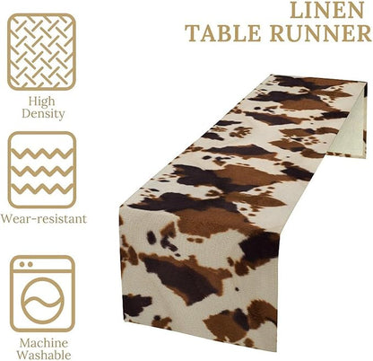 Cowhide Print Table Runner, Western Farm Animal Fur Wildlife Rustic Table Runner for Kitchen Farmhouse Dining Home Banquet Party 13x90in