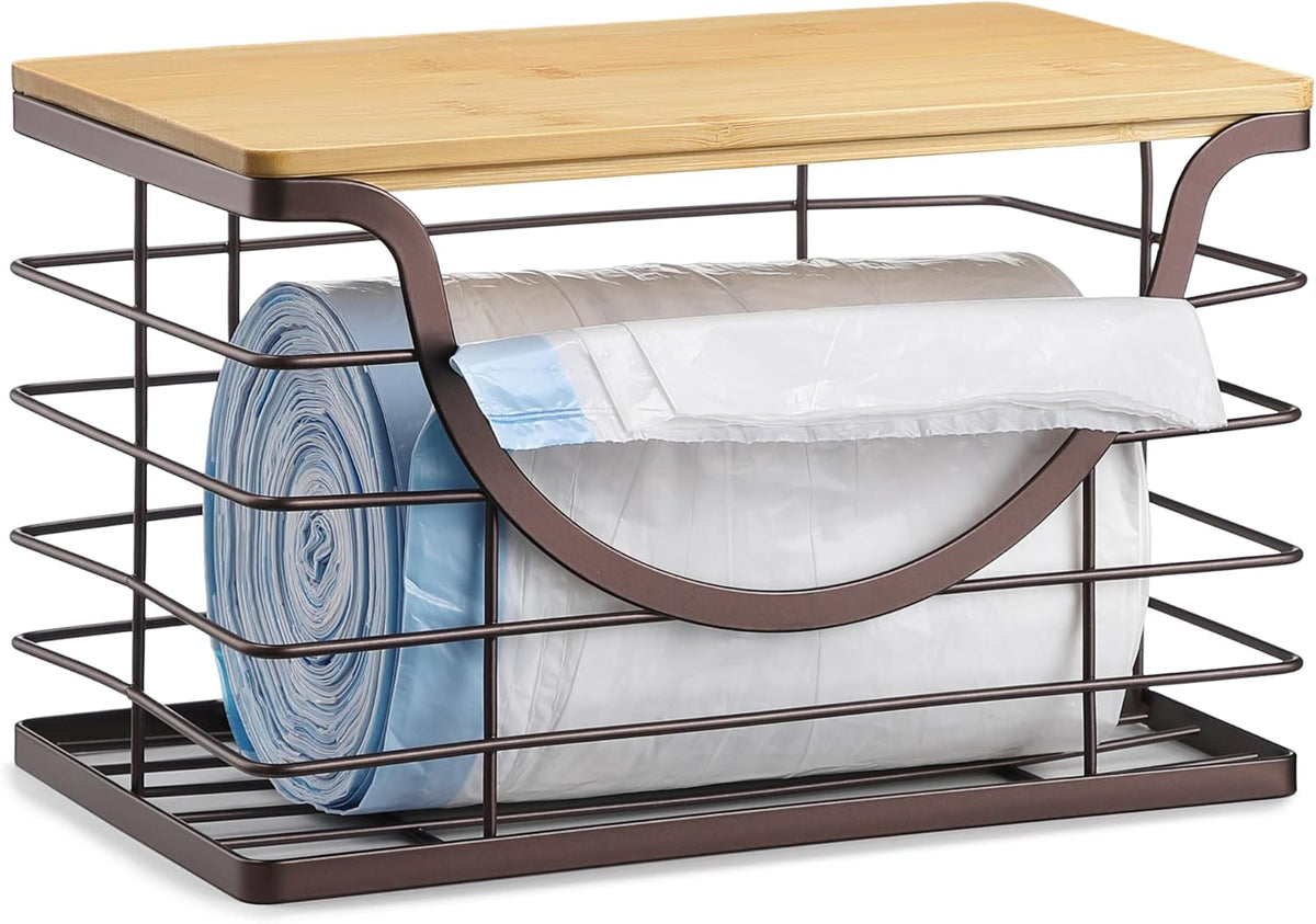 Extra Large Trash Bag Holder Under Sink Stackable Kitchen Storage with Lid, Garbage Bag Dispenser Roll Holder, Wall Mounted Trash Bag Container, Laundry Room Organization Storage, Brown