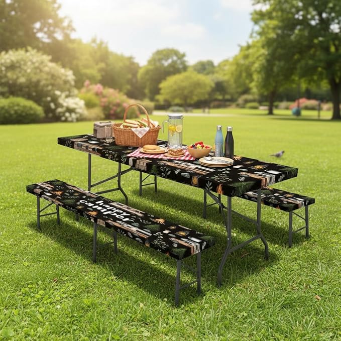 JAWO Picnic Table Cover with Bench Covers, Happy Camper Tablecloth,RV Plants Bonfire Black Rectangle Tablecloth for Indoor Outdoor Patio, 72x30 Inch