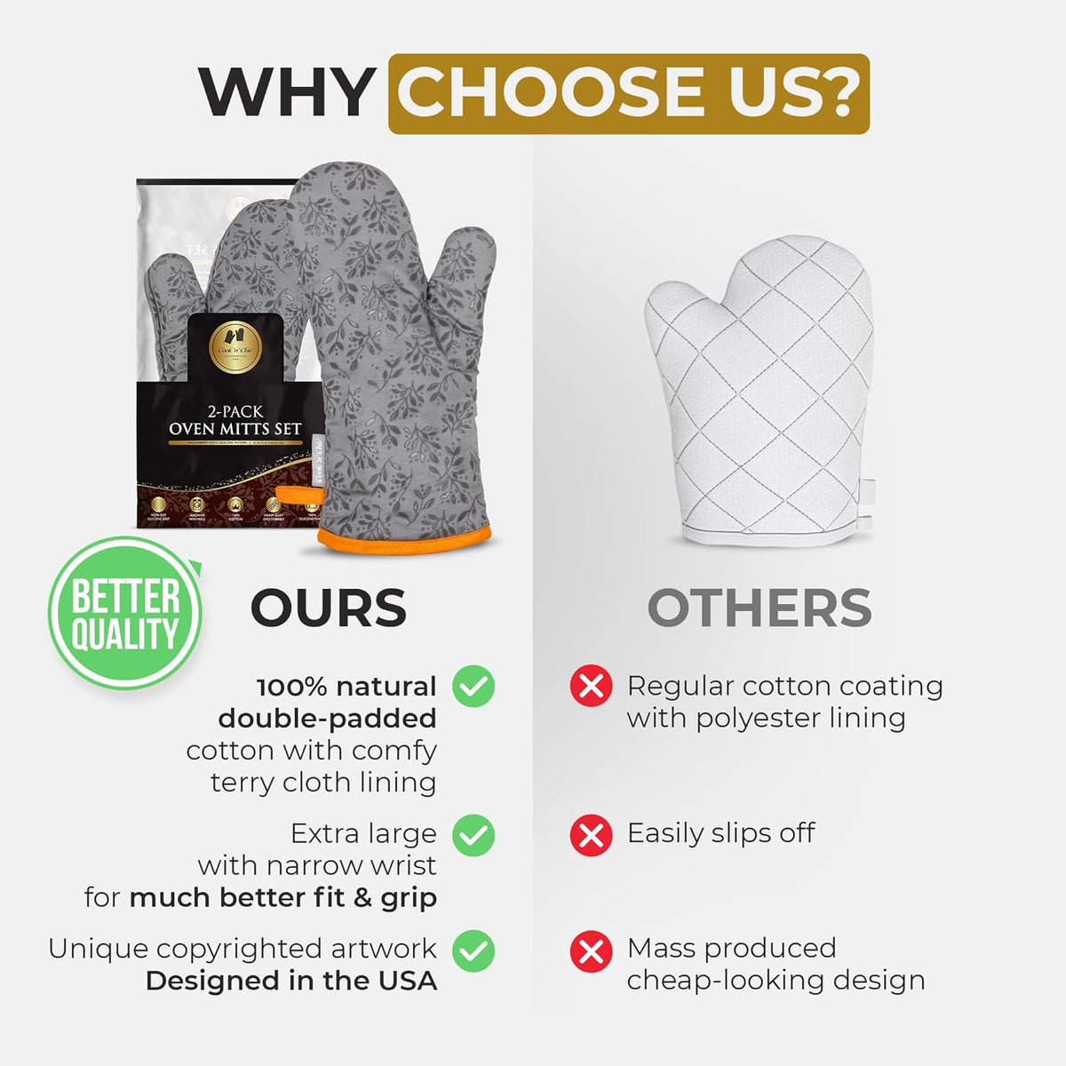 Premium Heat-Resistant Oven Mitts - Stylish and Beautiful - Non-Slip Platinum Silicone Grip - Long and Thick